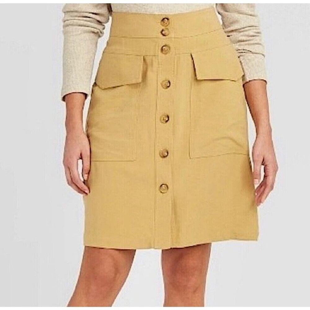 A New Day Khaki Cargo High Rise Button Front Skirt Womens 10 preppy
